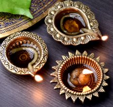 Brass Diyas for Diwali Decoration Designer Oil Lamp Pack of 3